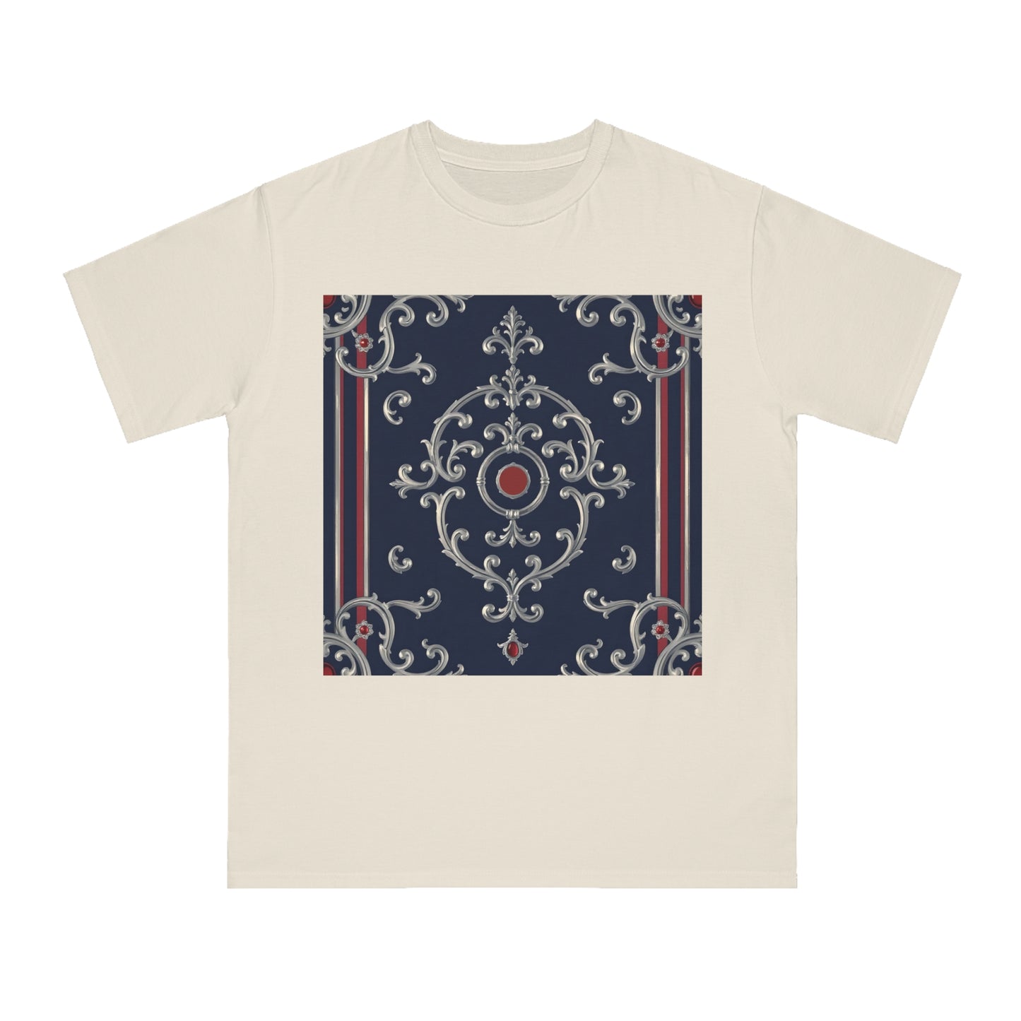 Vintage Pattern Organic Unisex T-Shirt | Baroque Style Tee, Casual Wear, Unique Gift, Eco-Friendly Fashion - Blue & Red Striped Silver Baroque
