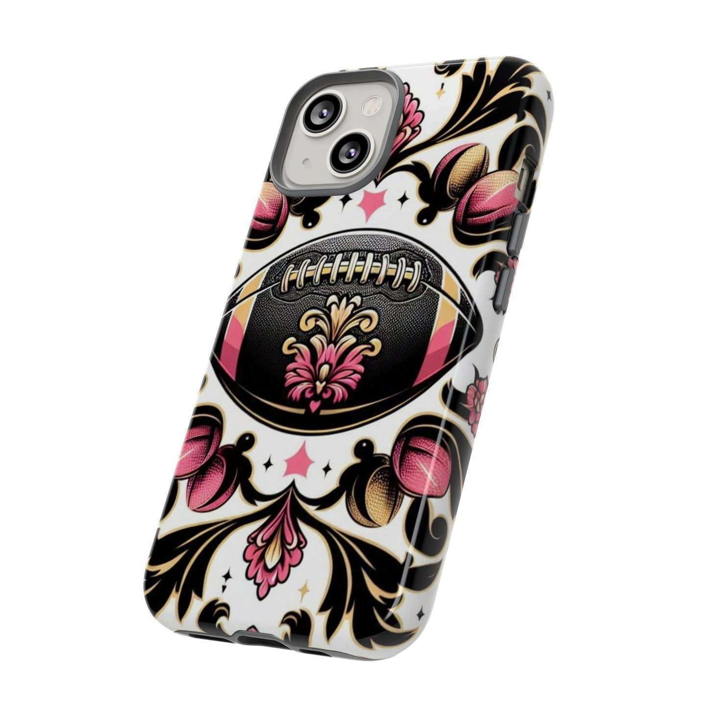 Elegant Floral Motif Phone Case - Tough Cases with Vintage Design - Damask White, Pink Gold & Black Football