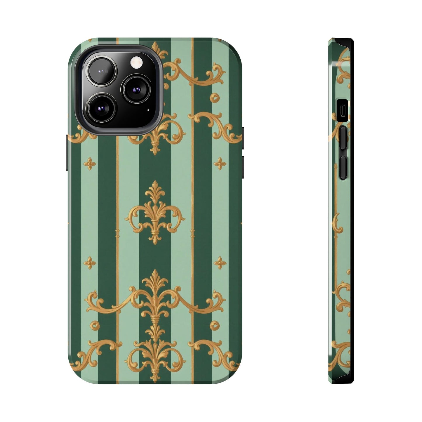 Elegant Floral Tough Phone Cases | Stylish Phone Protection, Gift for Her, Trendy Accessory, Unique Decor - Mint Green & Teal Striped Gold Baroque