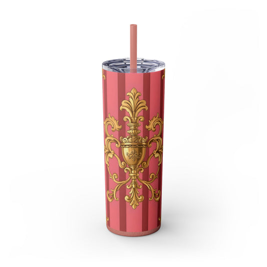 Chic Vintage Skinny Tumbler, 20oz - Elegant Drinkware for Home or Office, Perfect Gift for Her, Birthday - Pink Striped Gold Baroque