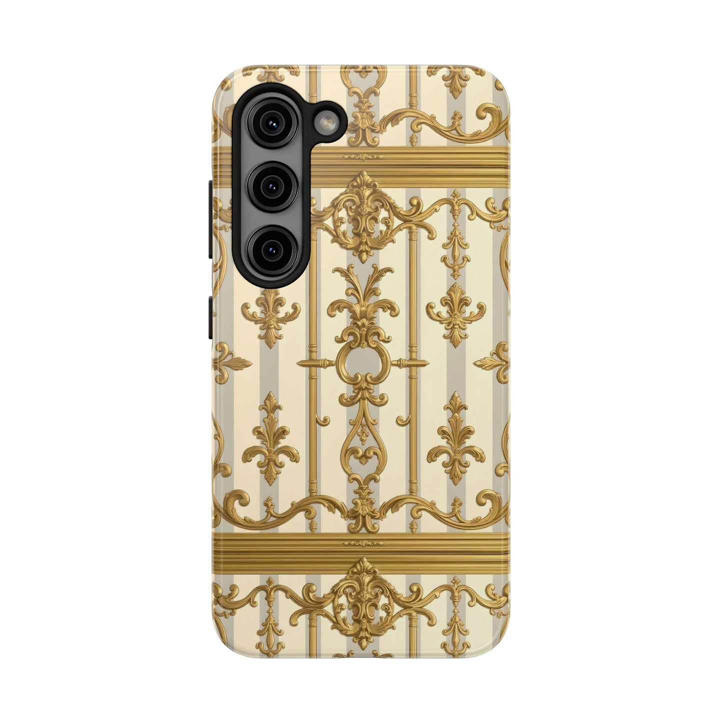 Elegant Gold Pattern Tough Phone Cases | Stylish Phone Covers, Trendy Cell Phone Accessories - Matte Gray & Cream Striped Gold Baroque