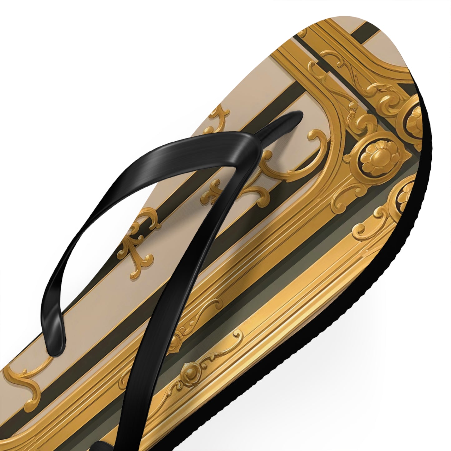 Elegant Golden Flip Flops, Summer Footwear, Beach Sandals, Vacation Essentials, Gift for Her - Beige Striped Gold Rococo