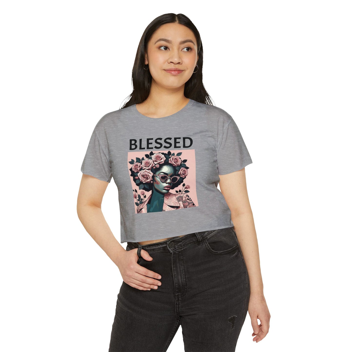 Blessed Women's Festival Crop Top - Boho Chic Tee, Summer Vibes, Perfect for Music Festivals, Gifts for Her, Trendy Lounge Wear - Black Lettering