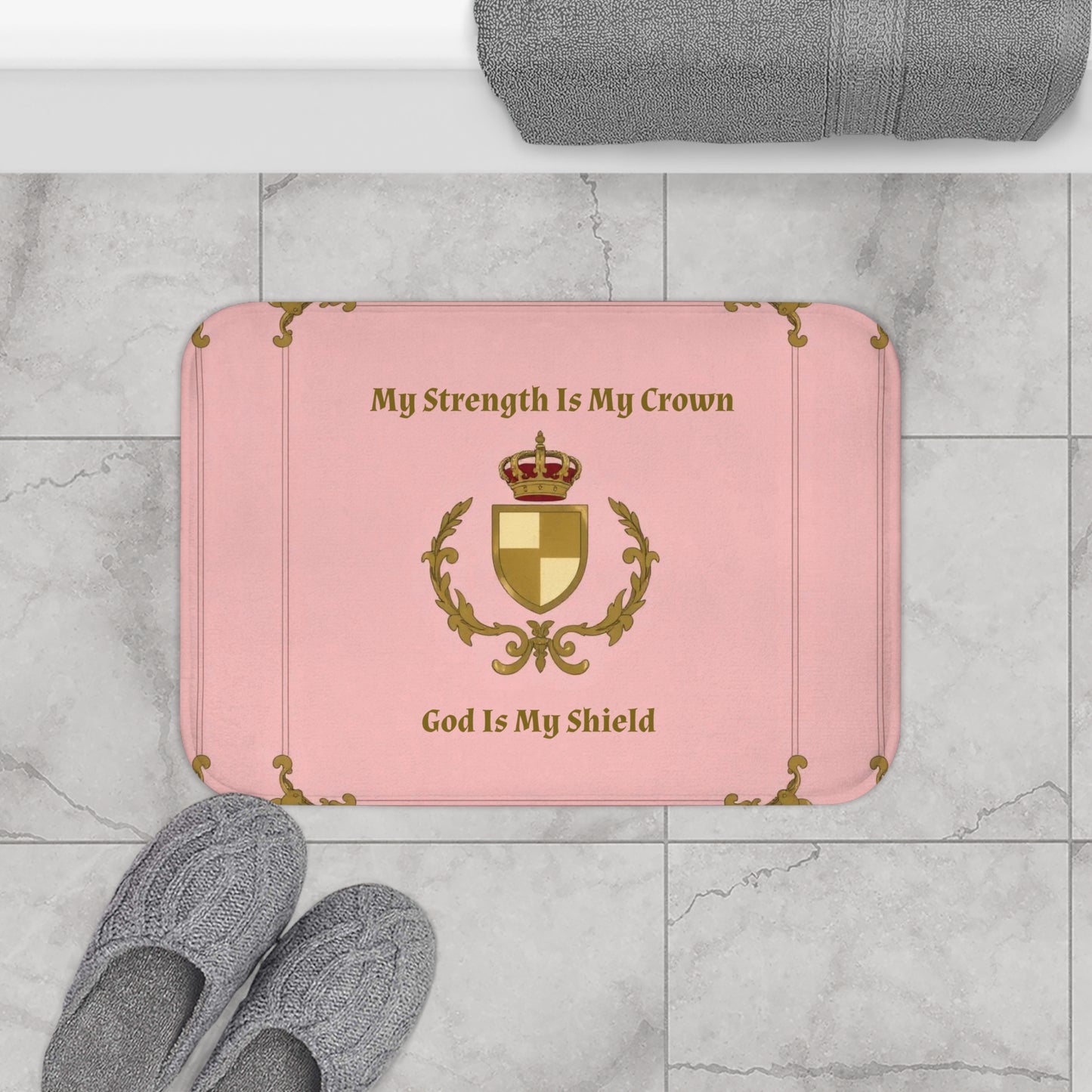 Crown & Crest Spiritual Quote Bath Mat, Inspirational Bathroom Decor, Faith-Based Gift, Motivational Home Accessory, Pink and Gold Mat