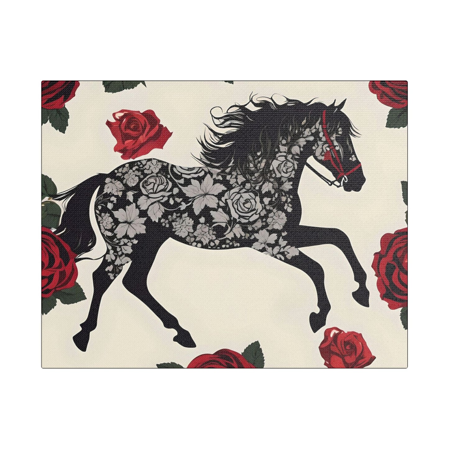Art Print Canvas, Wall Decor, Satin Stretched Canvas, Equestrian Art, Office Decor, Home Decor - Horse & Roses