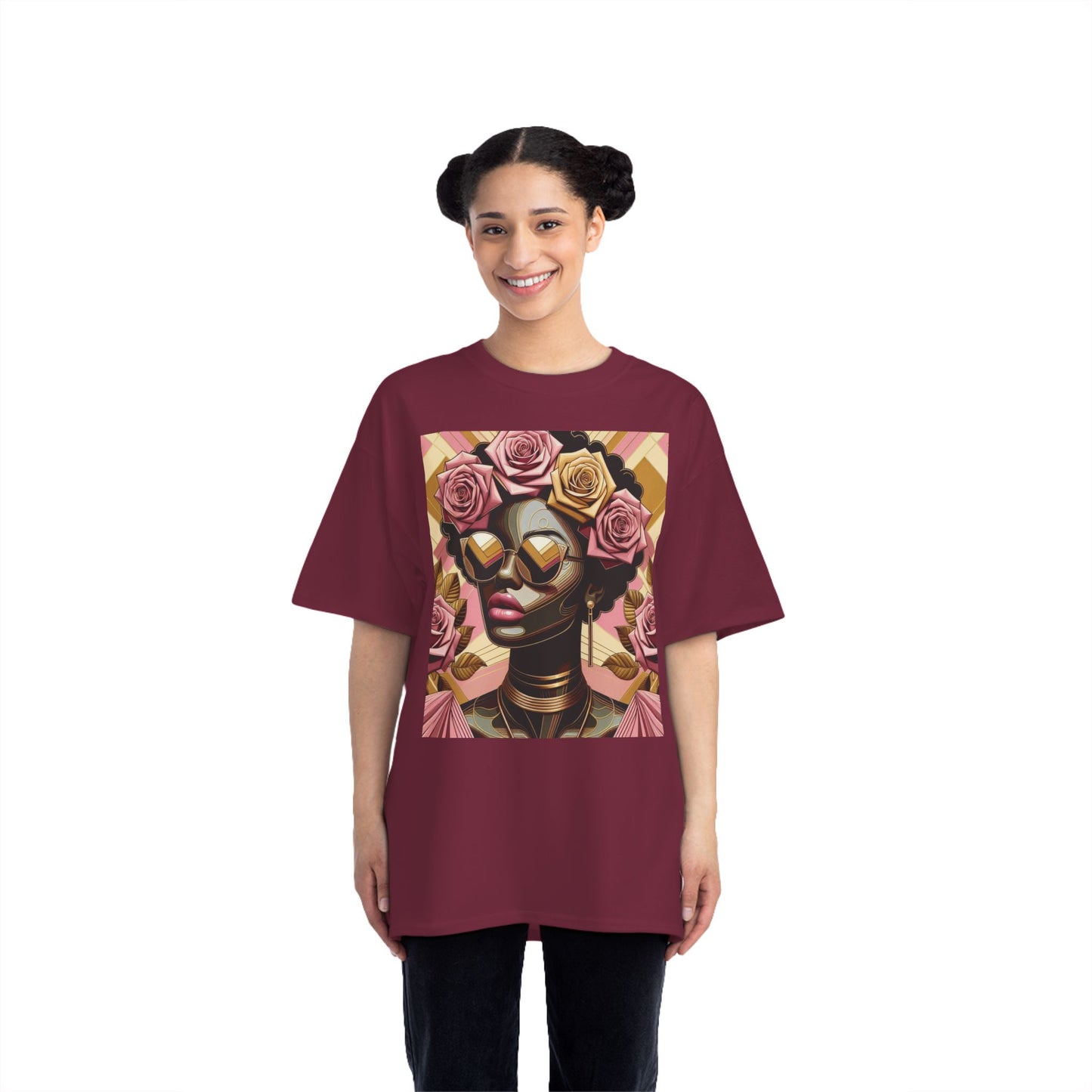 Artistic Floral Feminine T-Shirt, Stylish Tee with Mixed Media Design, Vibrant Short-Sleeve Top, Trendy Casual Wear - Pink Roses Lady