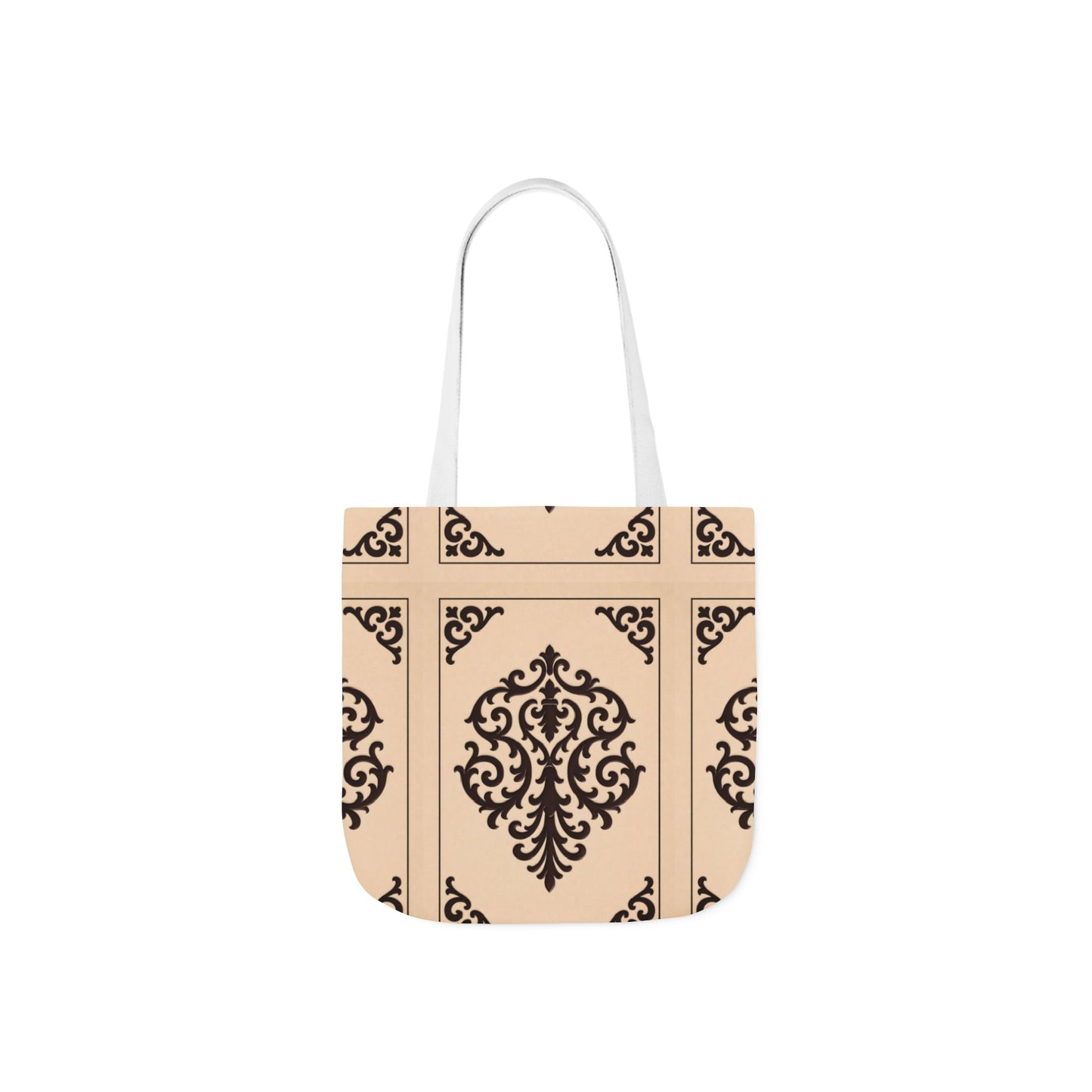 Almond-Beige & Brown Baroque Canvas Tote Bag — Elegant Vintage Pattern Beach & Market Bag
