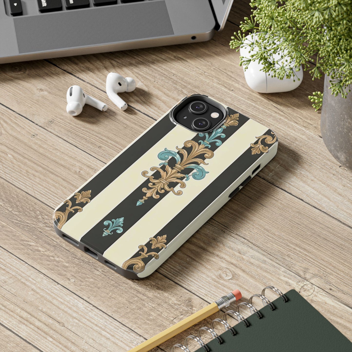 Elegant Vintage Tough Phone Cases, Stylish Phone Accessories, Quality Protection, Gifts for Her - Black Striped Turquoise & Black Rococo