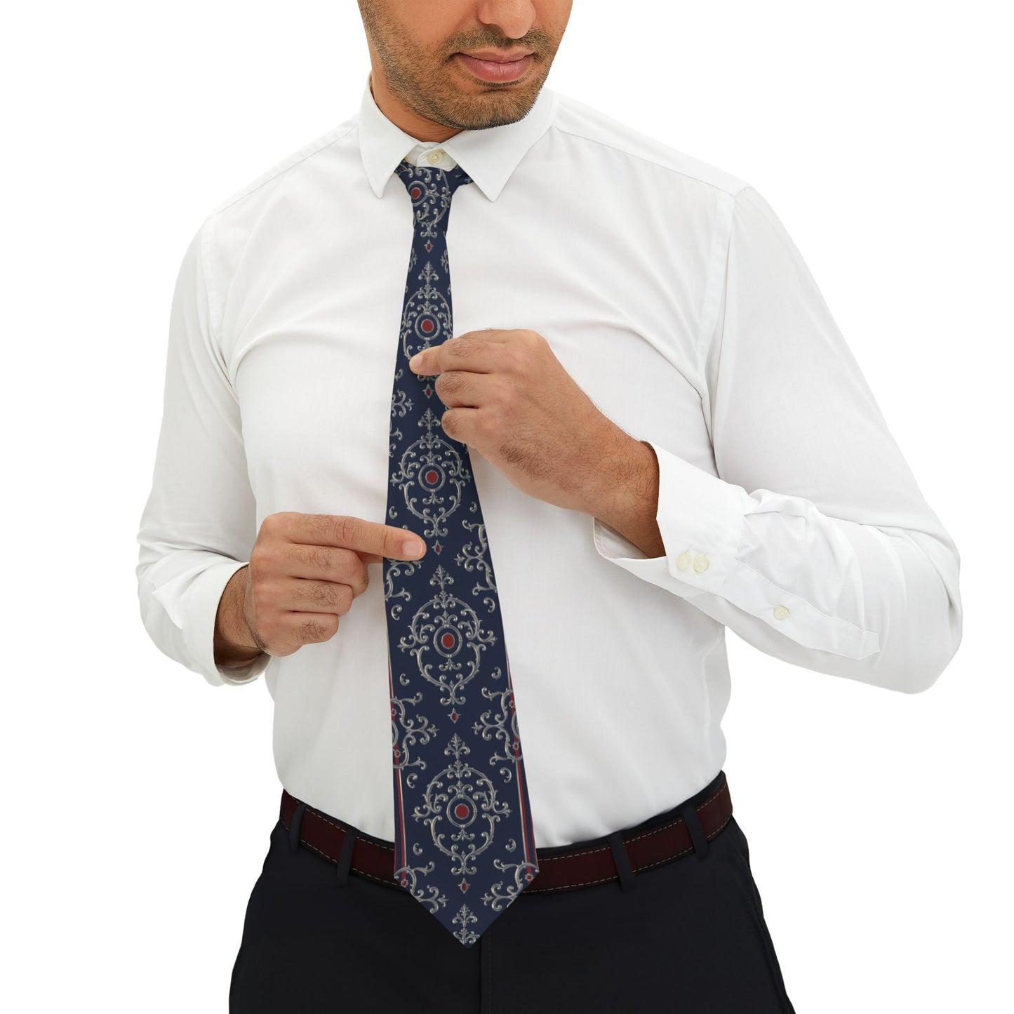 Elegant Floral Necktie - Formal Wear Accessory, Gift for Him, Wedding Tie, Business Attire, Father's Day Gift - Blue & Red Striped Silver Baroque