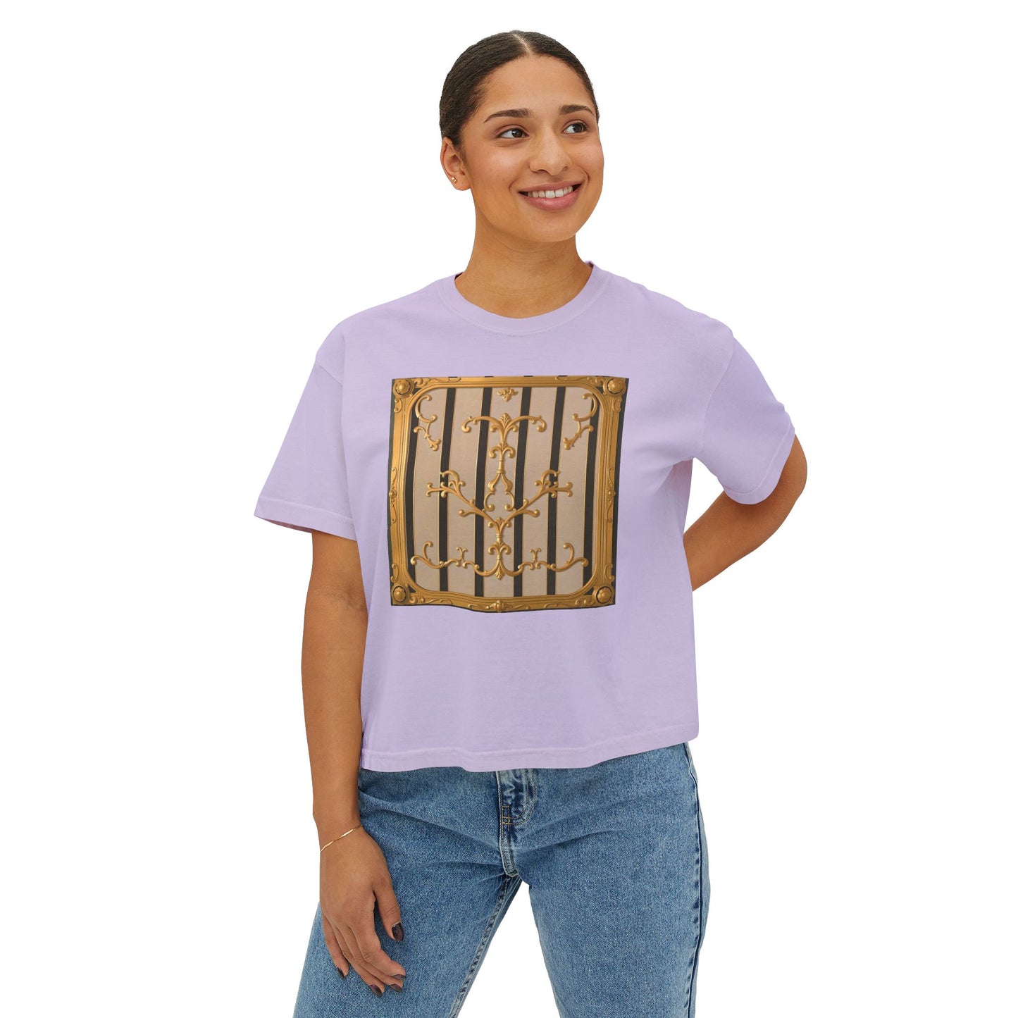 Women's Boxy Tee - Beige Striped Gold Rococo