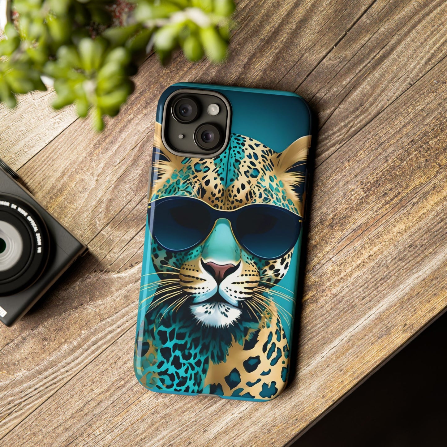 Phone Case - Aqua & Gold Leopard In Sunglasses Design
