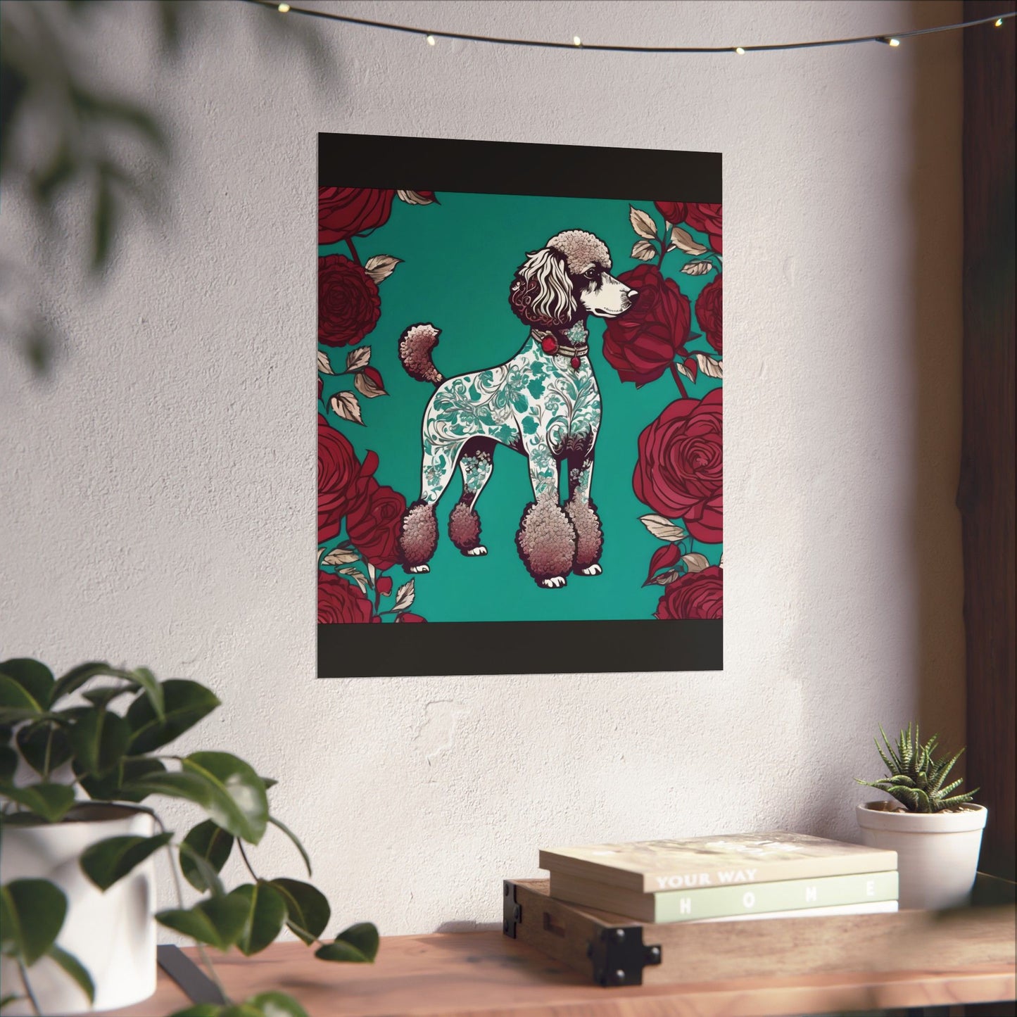 Vertical Poster - Elegant Matte Floral Art Wall Decor - Damask Aqua & White Poodle With Burgundy Roses