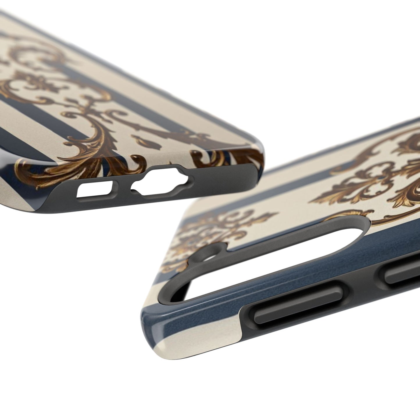 Damask Tough Phone Case - Alabaster & Blue Striped Damask