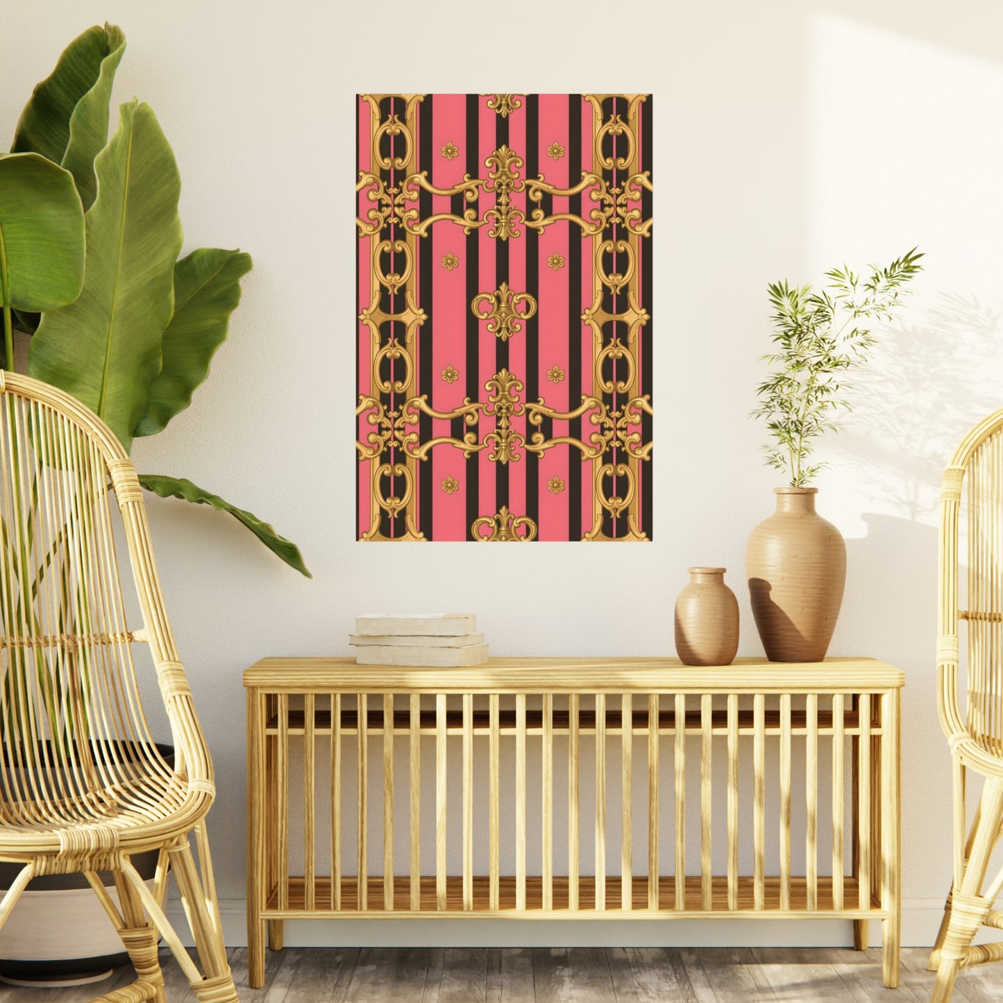 Elegant Decorative Foam Board - Chic Wall Decor, Glam Home Art, Stylish Backdrop, Gift for Her - Pink & Black Striped Gold Baroque