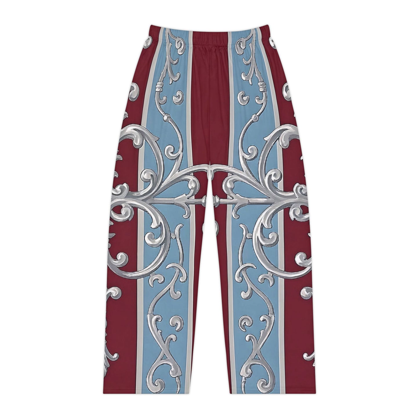 Elegant Women's Pajama Pants with Ornate Design - Cozy Comfort for Relaxation - Ice Blue & Burgundy Striped Baroque