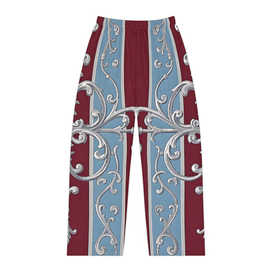 Elegant Women's Pajama Pants with Ornate Design - Cozy Comfort for Relaxation - Ice Blue & Burgundy Striped Baroque