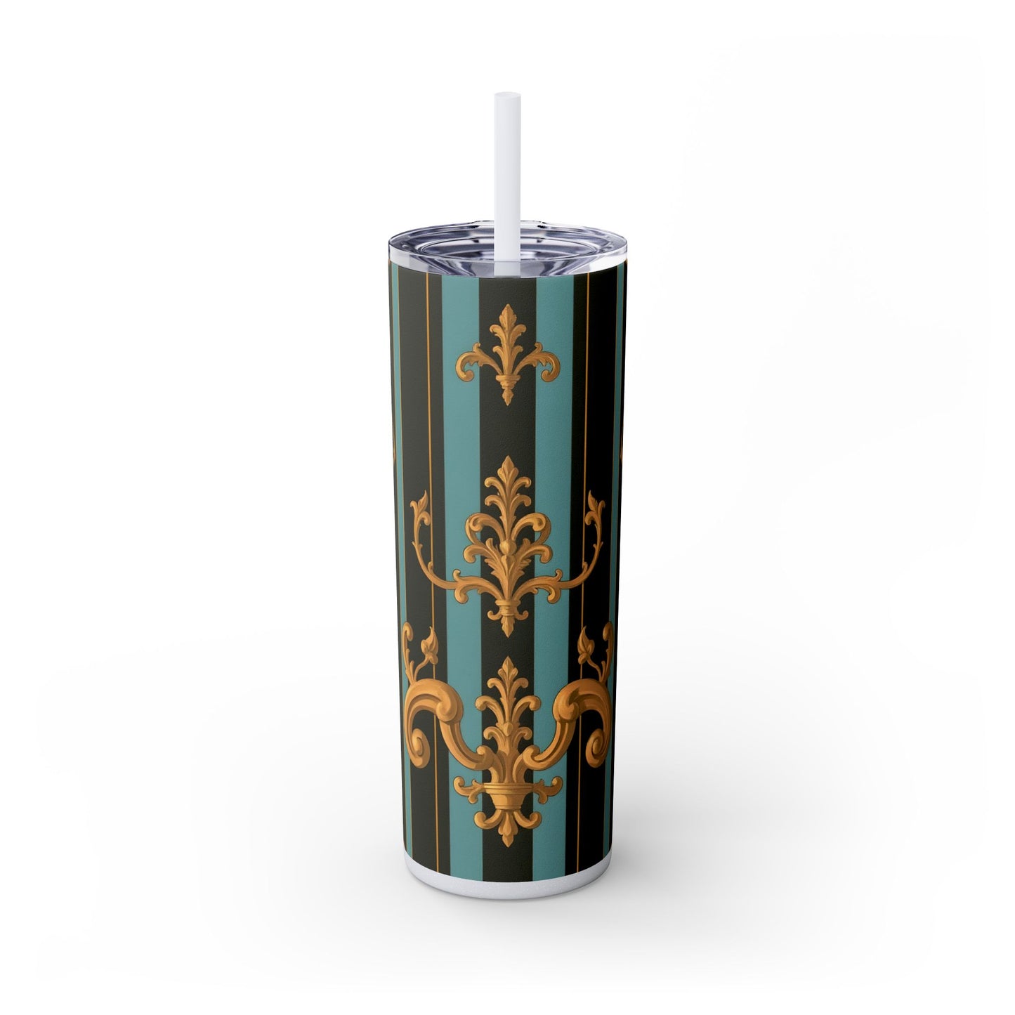 Elegant Vintage Skinny Tumbler with Straw, 20oz | Gold Floral Pattern, Reusable Drinkware, Perfect for Home - Black & Turquoise Striped Baroque