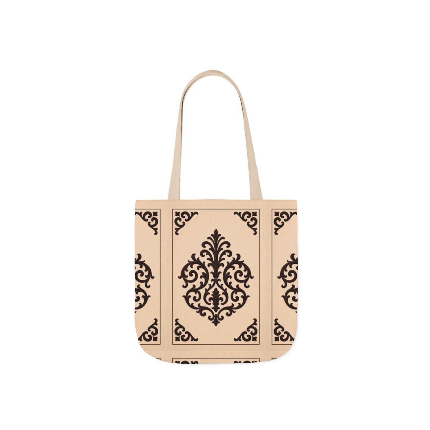 Almond-Beige & Brown Baroque Canvas Tote Bag — Elegant Vintage Pattern Beach & Market Bag