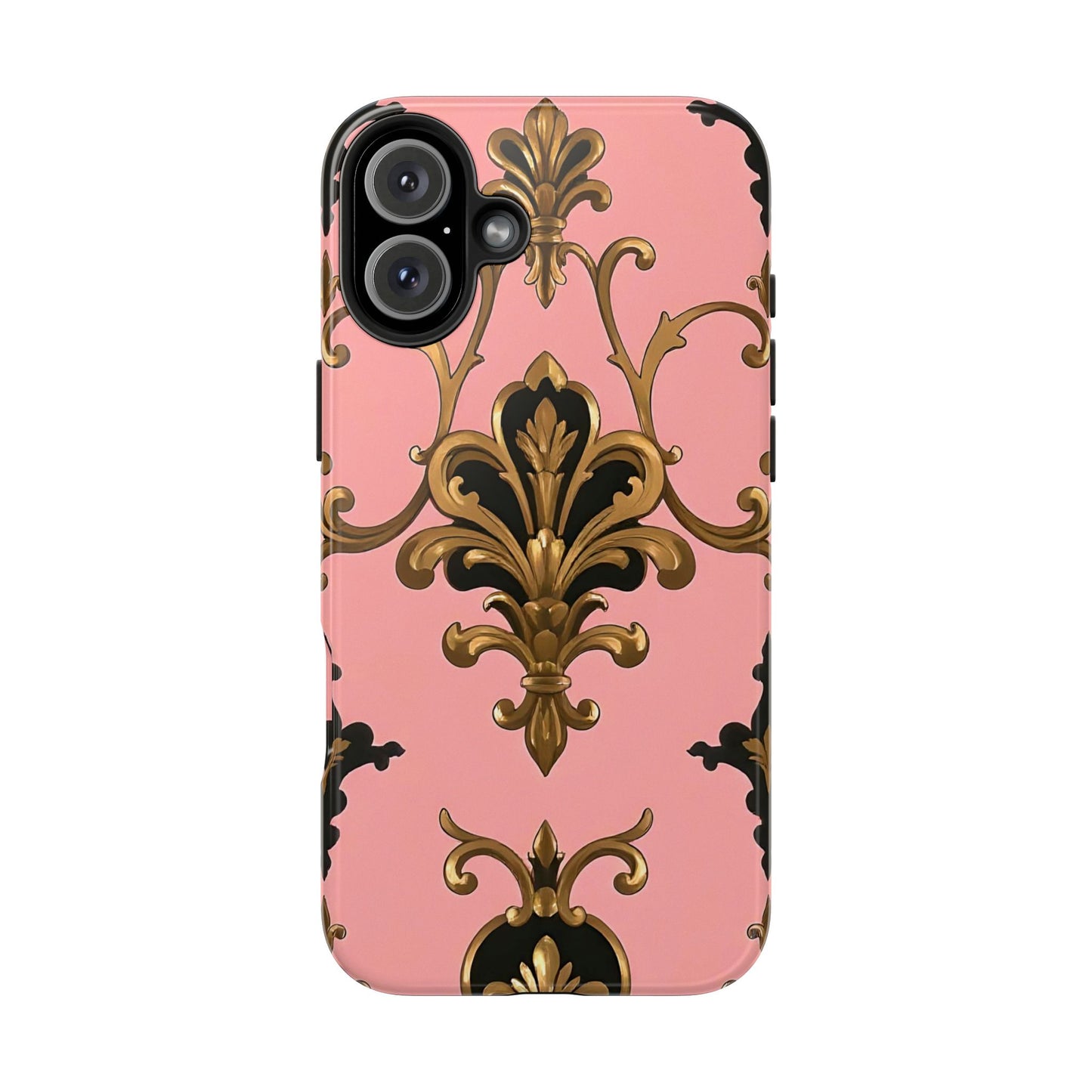 Chic Tough Phone Cases with Floral Design, Elegant Phone Cover, Durable Smartphone Case, Stylish Tech Accessory - Pink, Black & Gold Rococo