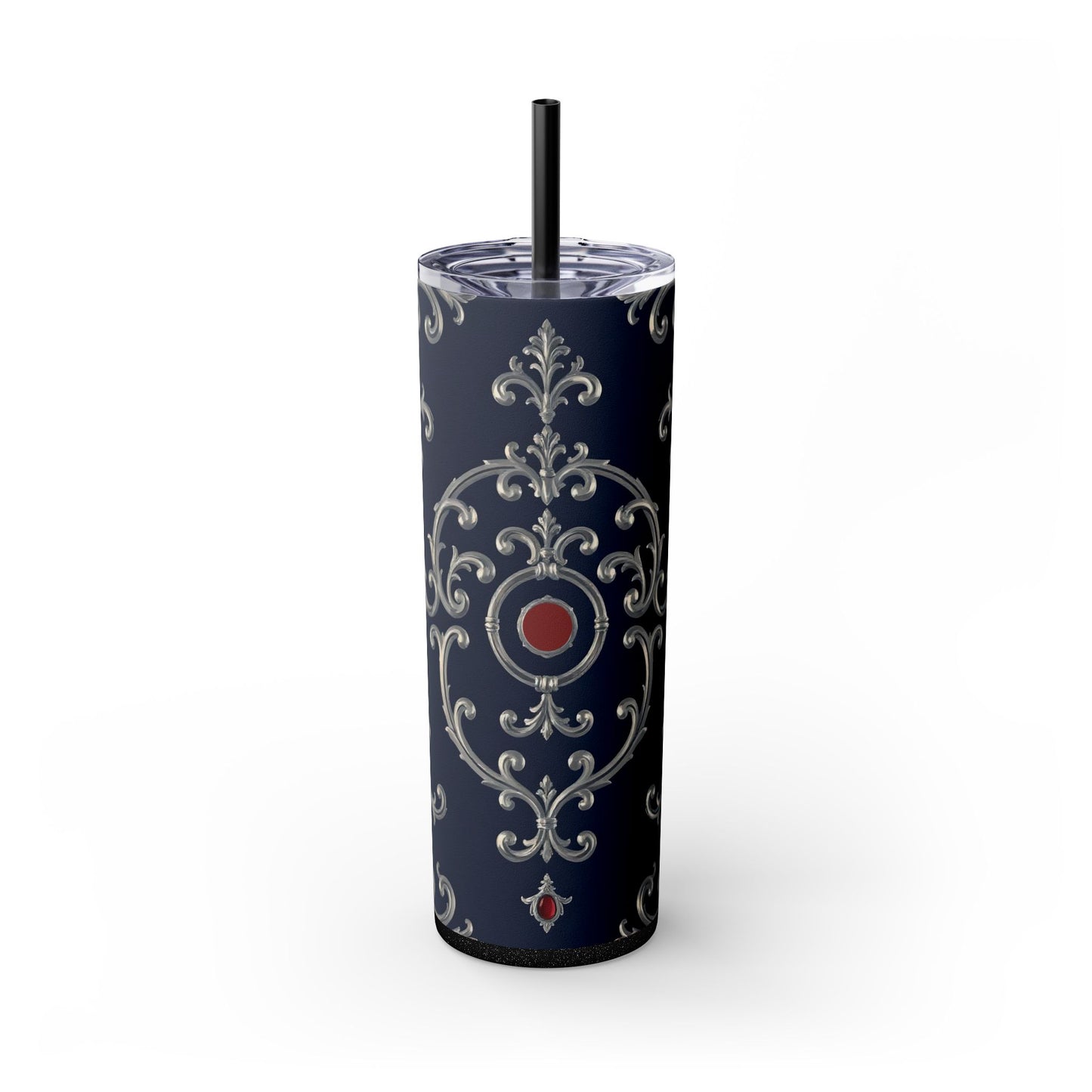 Elegant Patterned Skinny Tumbler with Straw, 20oz - Stylish Travel Mug, Personalized Gift, Wedding Favor - Blue & Red Striped Silver Baroque