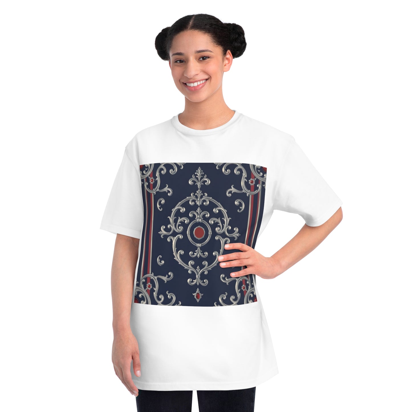 Vintage Pattern Organic Unisex T-Shirt | Baroque Style Tee, Casual Wear, Unique Gift, Eco-Friendly Fashion - Blue & Red Striped Silver Baroque