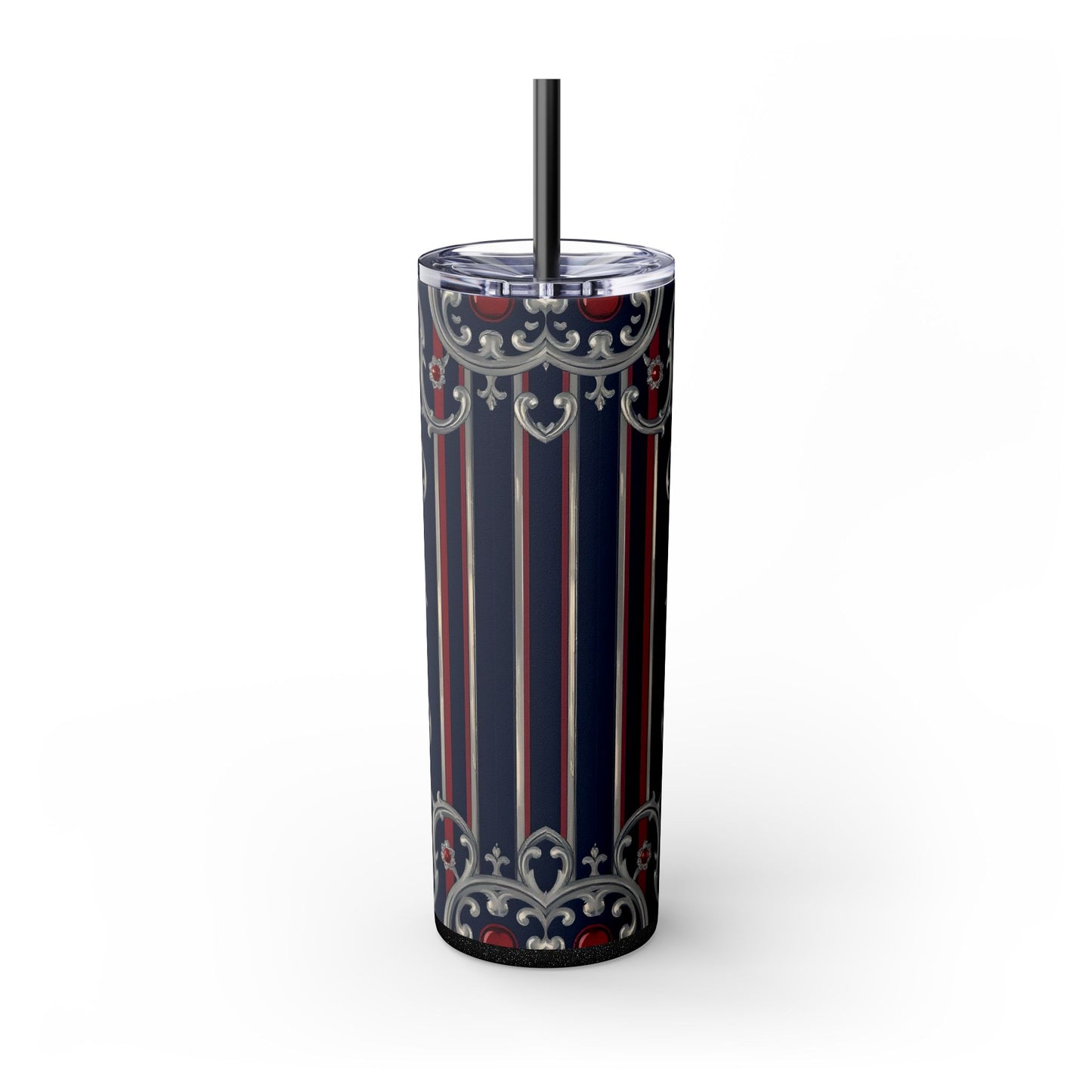 Elegant Patterned Skinny Tumbler with Straw, 20oz - Stylish Travel Mug, Personalized Gift, Wedding Favor - Blue & Red Striped Silver Baroque