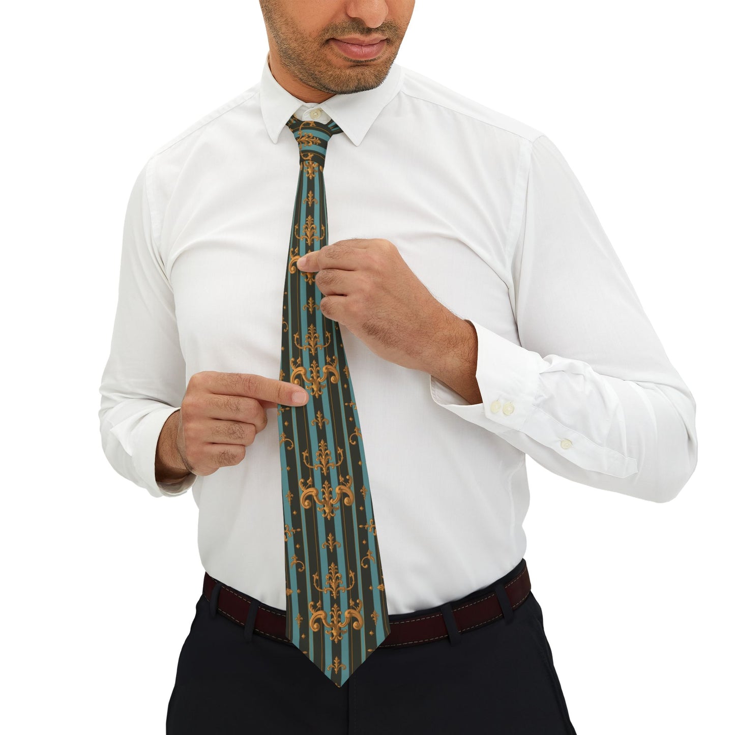 Elegant Pattern Necktie, Stylish Men's Tie, Formal Wear Accessory, Gift for Him, Office Attire, Wedding Guest Tie - Black & Turquoise Striped Baroque