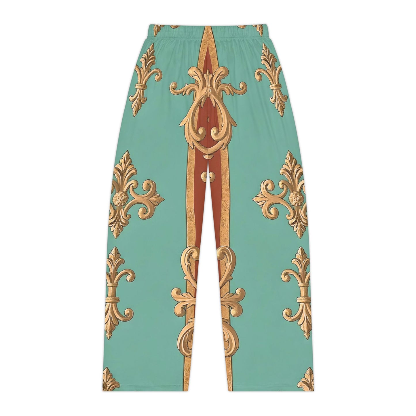 Elegant Women’s Pajama Pants with Decorative Gold Pattern - Rust & Mint Aqua Striped Baroque
