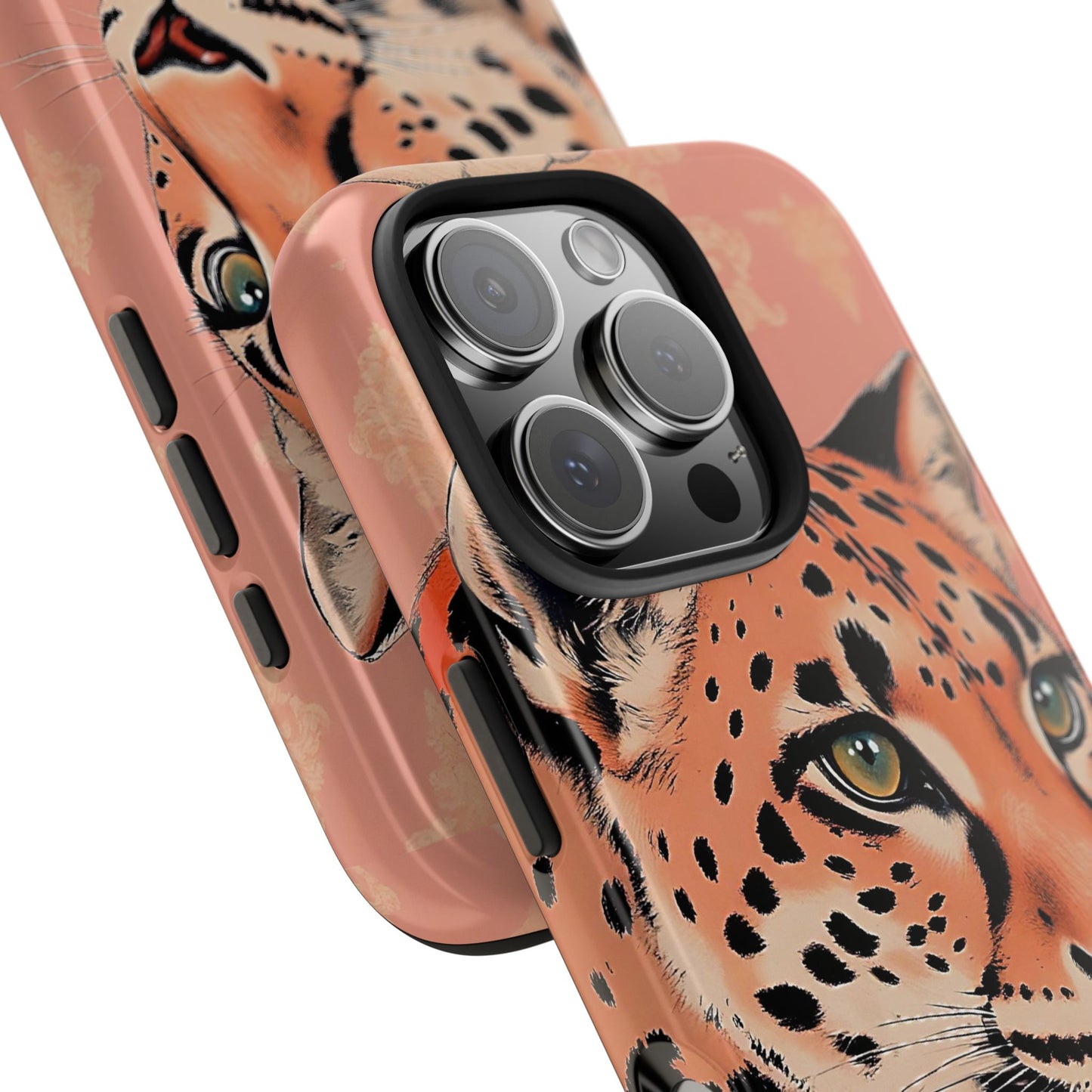 Leopard Tough Phone Case - Trendy Floral Motif Design for Animal Lovers - Peach Leopard & Damask