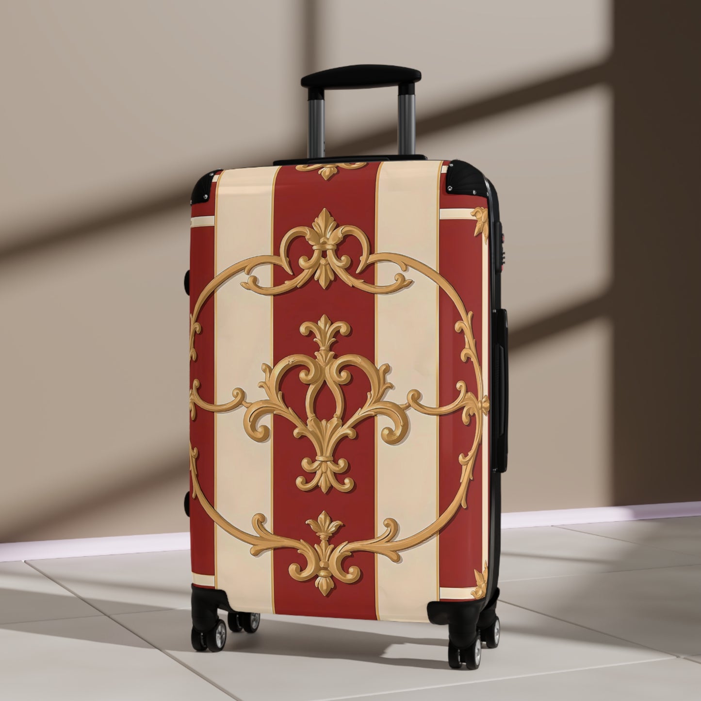 Elegant Travel Suitcase with Vintage Alabaster & Dusk Orange Striped Baroque Design