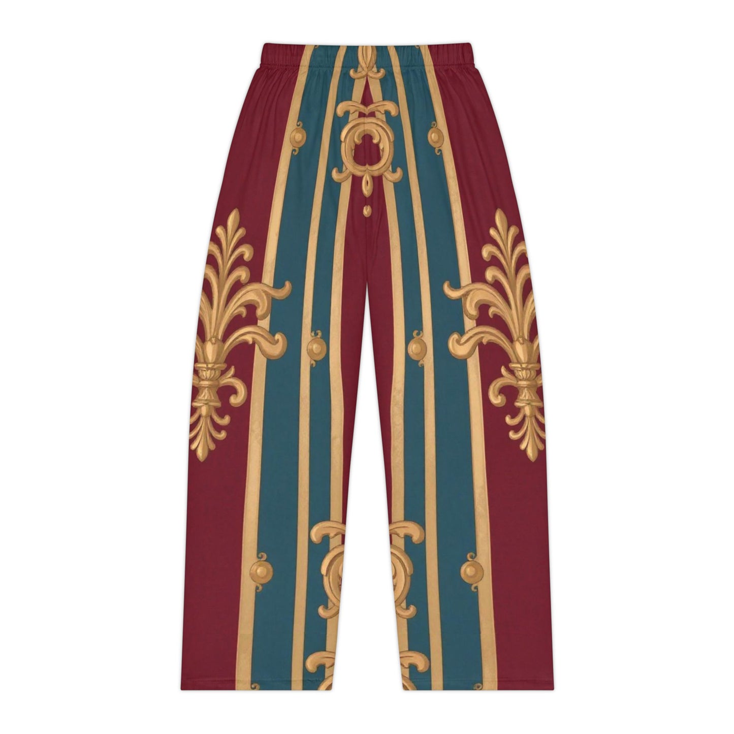 Luxurious Women's Pajama Pants, Cozy Sleepwear, Elegant Lounge Wear, Perfect for Relaxation, Gifts for Her - Burgundy Striped Gold Baroque