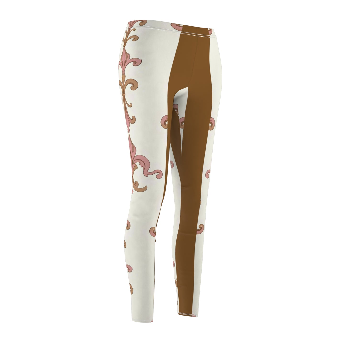 Elegant Floral Print Casual Leggings for Women, Stylish Activewear, Yoga Pants, Lounge Leggings, Gift for Her - Brown Striped Pink Arabesque