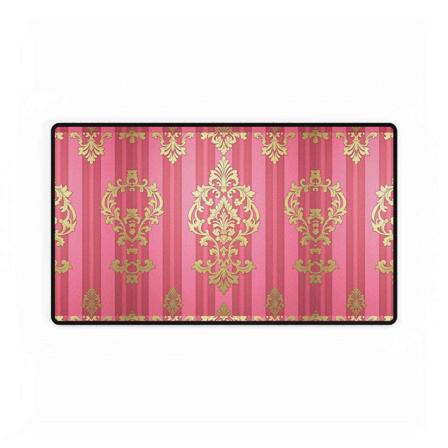 Elegant Floral Motif Desk Mat for Home Office Decor - Pink Striped Gold Damask