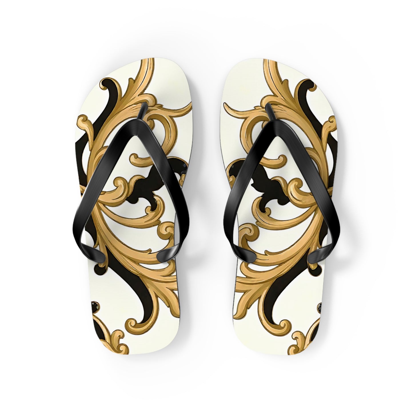 Elegant Floral Flip Flops, Beach Sandals, Summer Casual Footwear, Vacation Essentials, Poolside Accessories, Gift for Her - Black & Gold Rococo