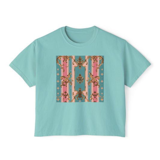 Chic Floral Women's Boxy Tee, Vintage Style T-Shirt, Comfortable Casual Top, Great for Spring & Summer - Pink & Matte Turquoise Striped Rococo