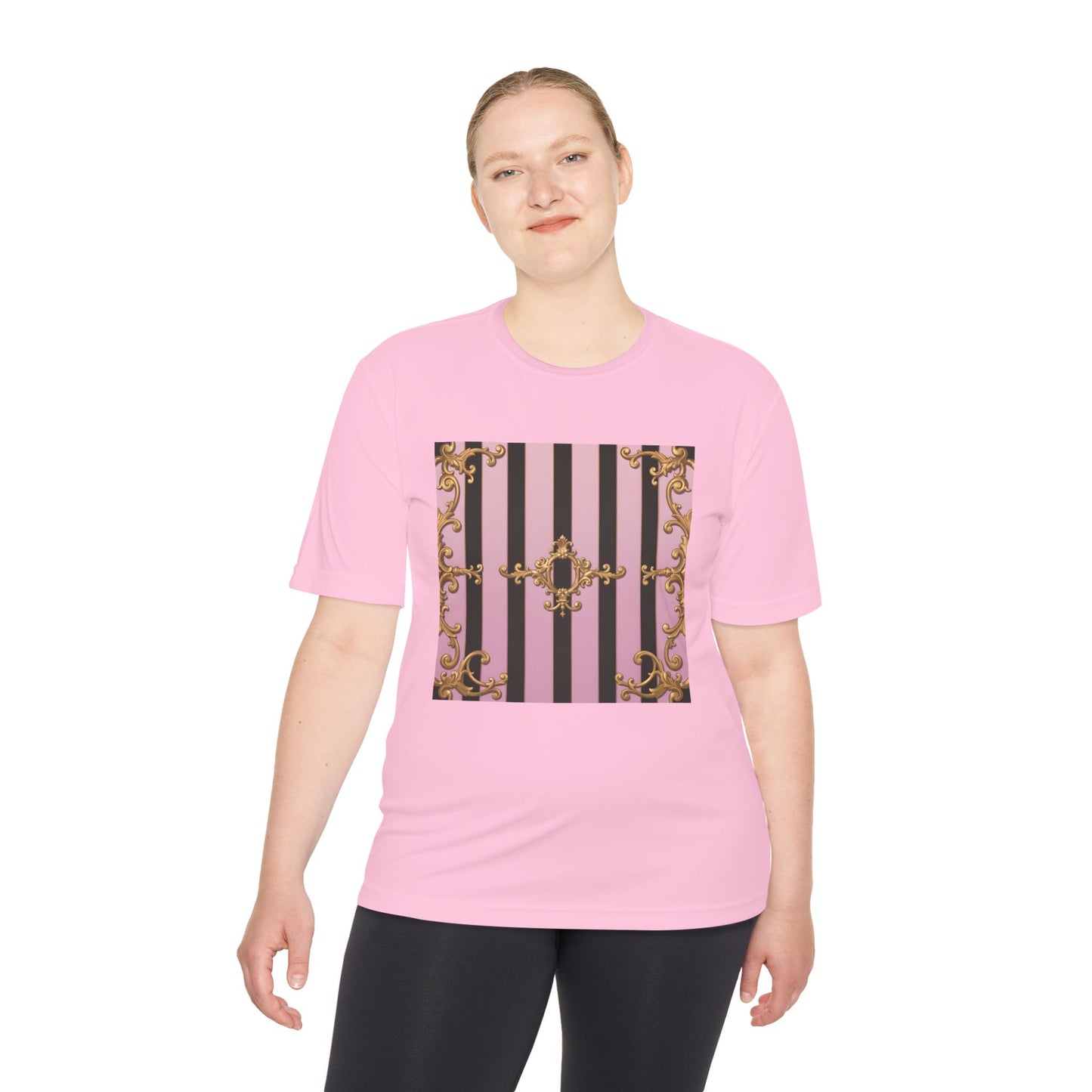 Elegant Striped Unisex Moisture Wicking Tee, Stylish Workout T-Shirt, Fashionable Athletic Top - Matte Lavender & Black Striped Gold Baroque