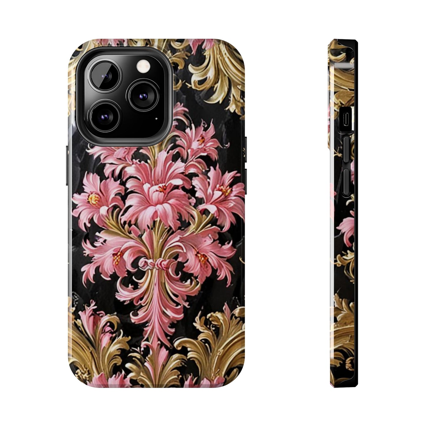 Elegant Floral Tough Phone Cases | Stylish Protection for Her | Gift for Birthdays - Black & Pink Oil Painting Style Rococo