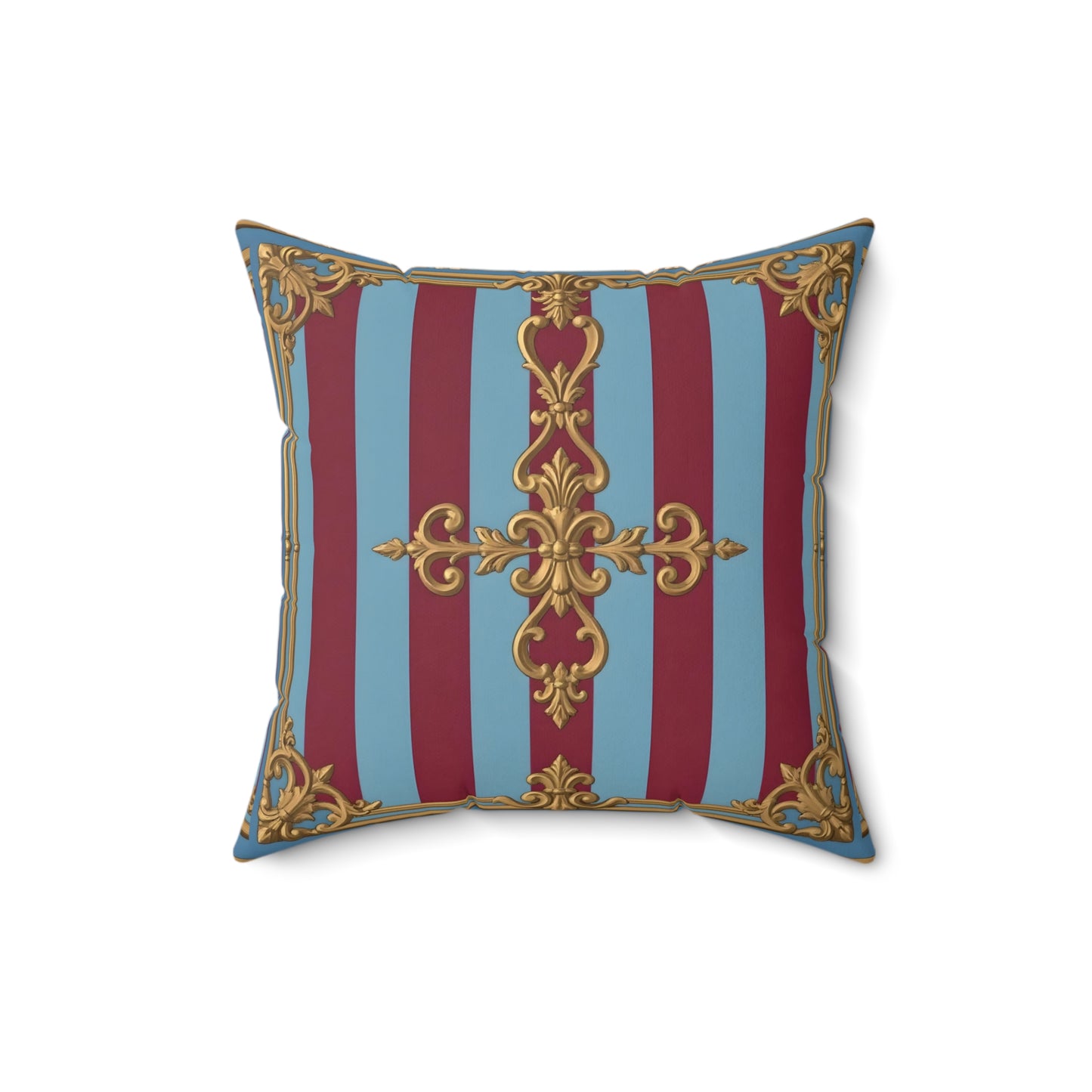 Elegant Faux Suede Accent Pillow, Chic Home Decor, Decorative Cushion, Luxurious Throw Pillow - Sky Blue & Maroon Striped Baroque