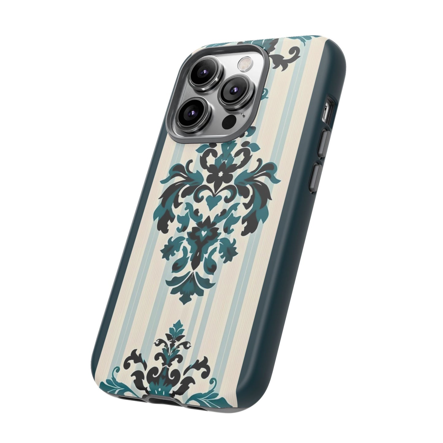 Elegant Floral Phone Case - Tough Cases with Vintage Design - Teal Striped Damask