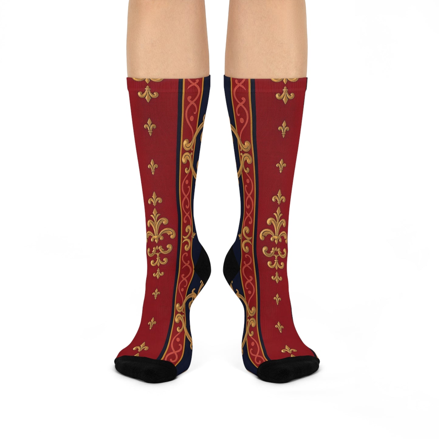Luxurious Cushioned Crew Socks, Elegant Sock Gift, Fashion Accessories, Stylish, Fall and Winter Essentials - Midnight Blue & Dusk Red Gold Baroque
