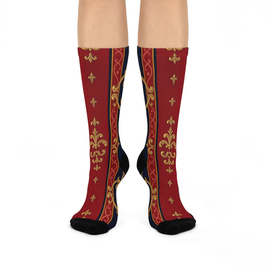 Luxurious Cushioned Crew Socks, Elegant Sock Gift, Fashion Accessories, Stylish, Fall and Winter Essentials - Midnight Blue & Dusk Red Gold Baroque
