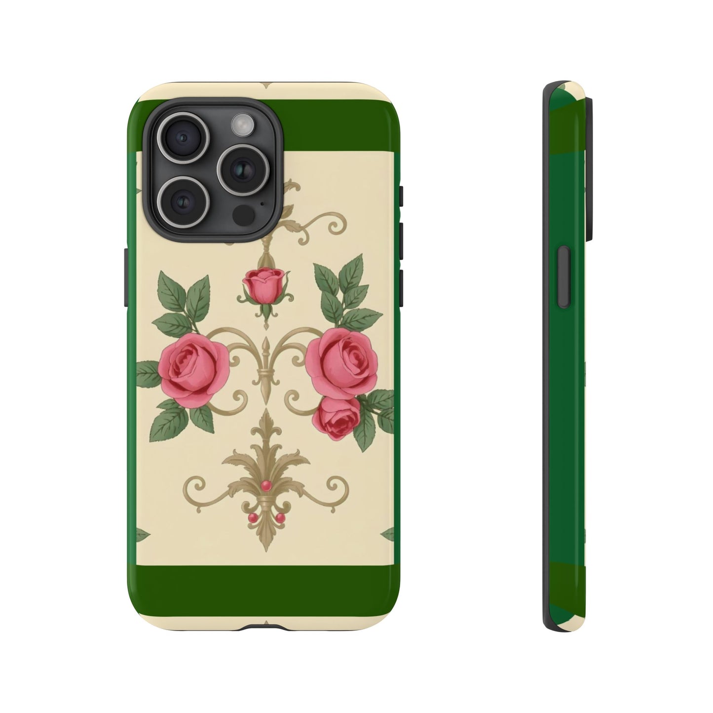 Elegant Floral Motif Phone Case - Tough Cases with Vintage Design - Green Border Roses & Damask