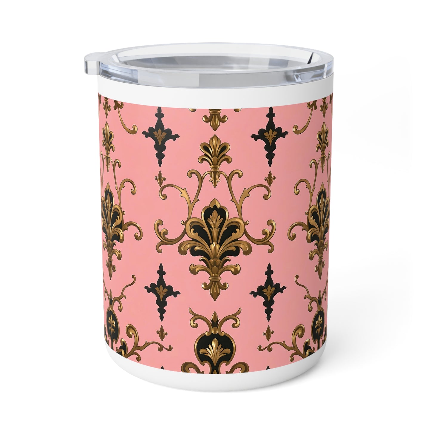 Elegant Pink Floral Insulated Coffee Mug – Perfect for Coffee Lovers, Gift for Her, Travel Mug, Wedding Favor, Home Decor - Pink, Black & Gold Rococo