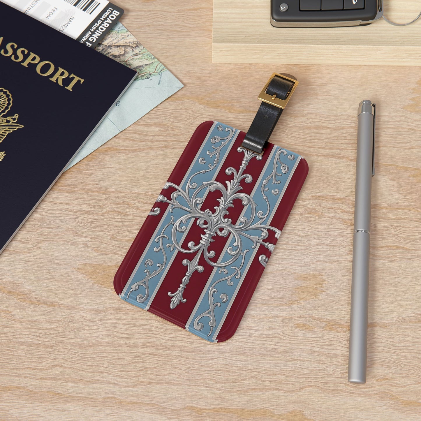 Elegant Vintage Luggage Tag, Stylish Travel Accessory, Personalized Bag Tag, Unique Gift for Travelers - Ice Blue & Burgundy Striped Baroque