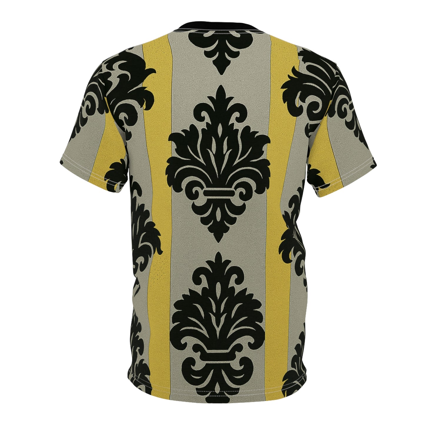 Chic Statement Tee, Trendy Fashion Shirt, Unique Graphic Tee, Stylish Casual Top, Perfect Gift for Fashion Lovers - Silver & Gold Striped Black Baroque