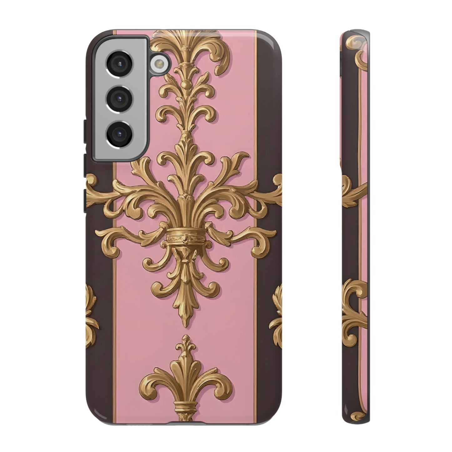Elegant Floral Motif Phone Case - Tough Cases with Vintage Design - Pink & Brown Striped Gold Damask