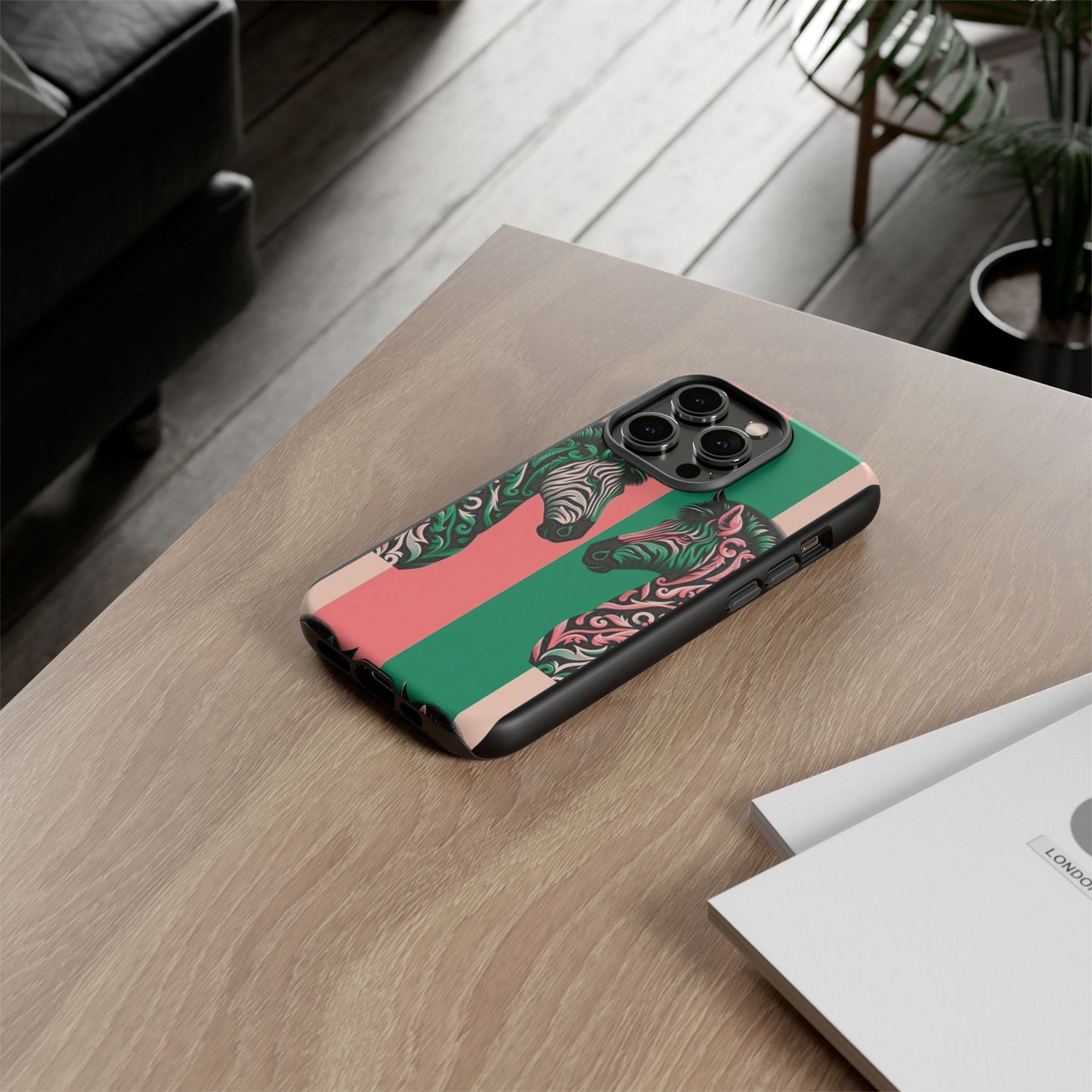 Phone Case - Elegant Pink & Green Zebra Damask Design