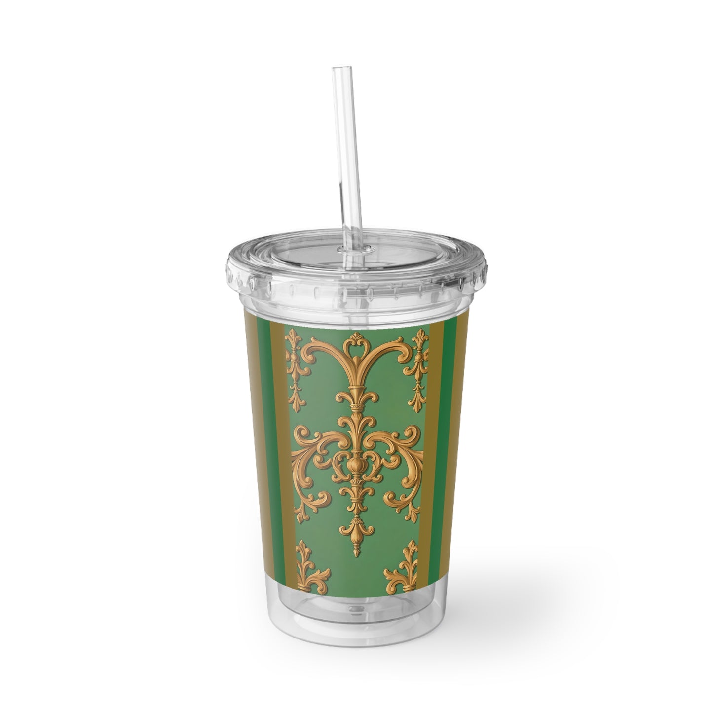 Elegant Acrylic Cup, Stylish Drinkware, Gift for Her, Home Decor, Travel Mug, Reusable Cup, Unique Party Favor - Olive Green Striped Rococo