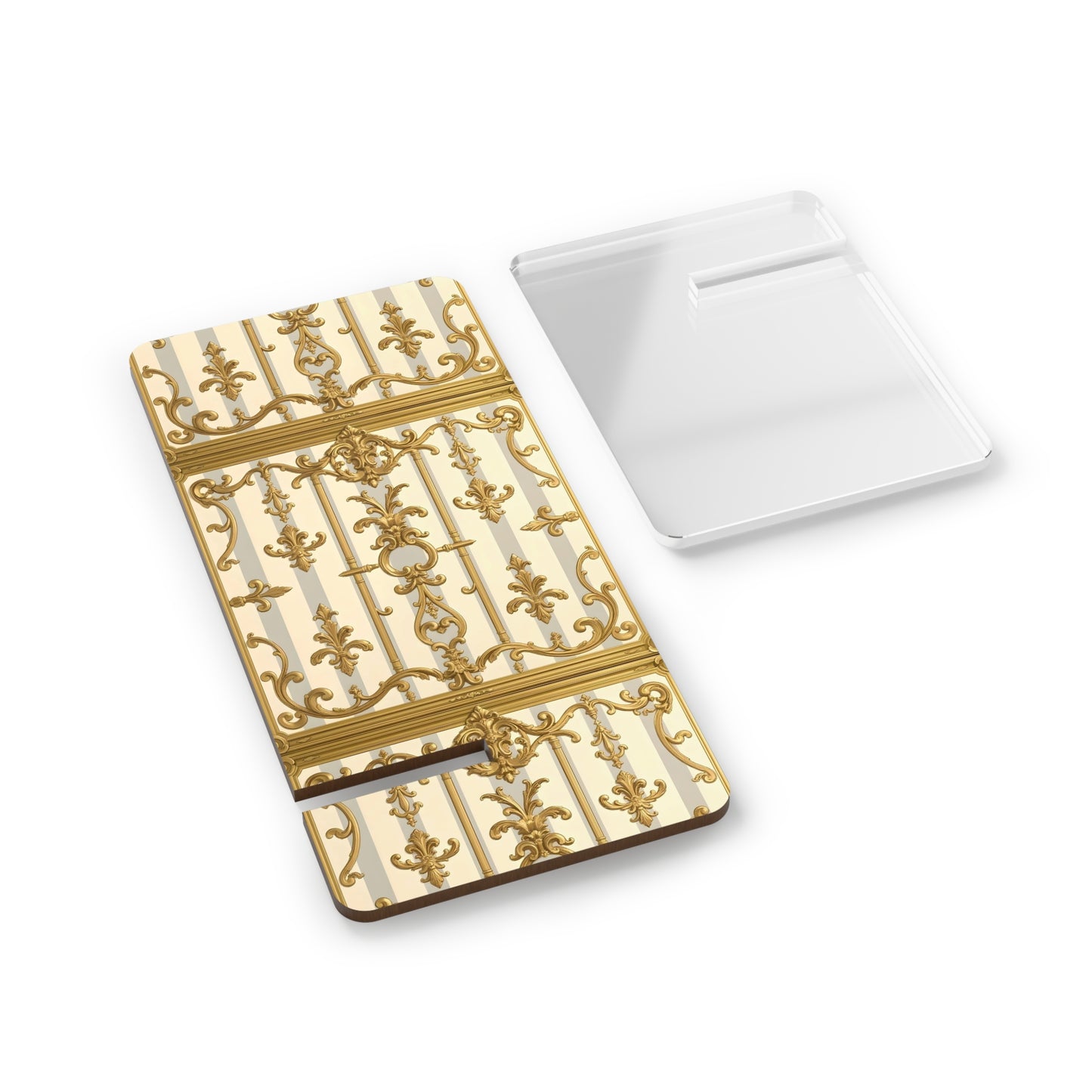Elegant Smartphone Display Stand, Decorative Phone Holder, Stylish Desk Organizer - Matte Gray & Cream Striped Gold Baroque