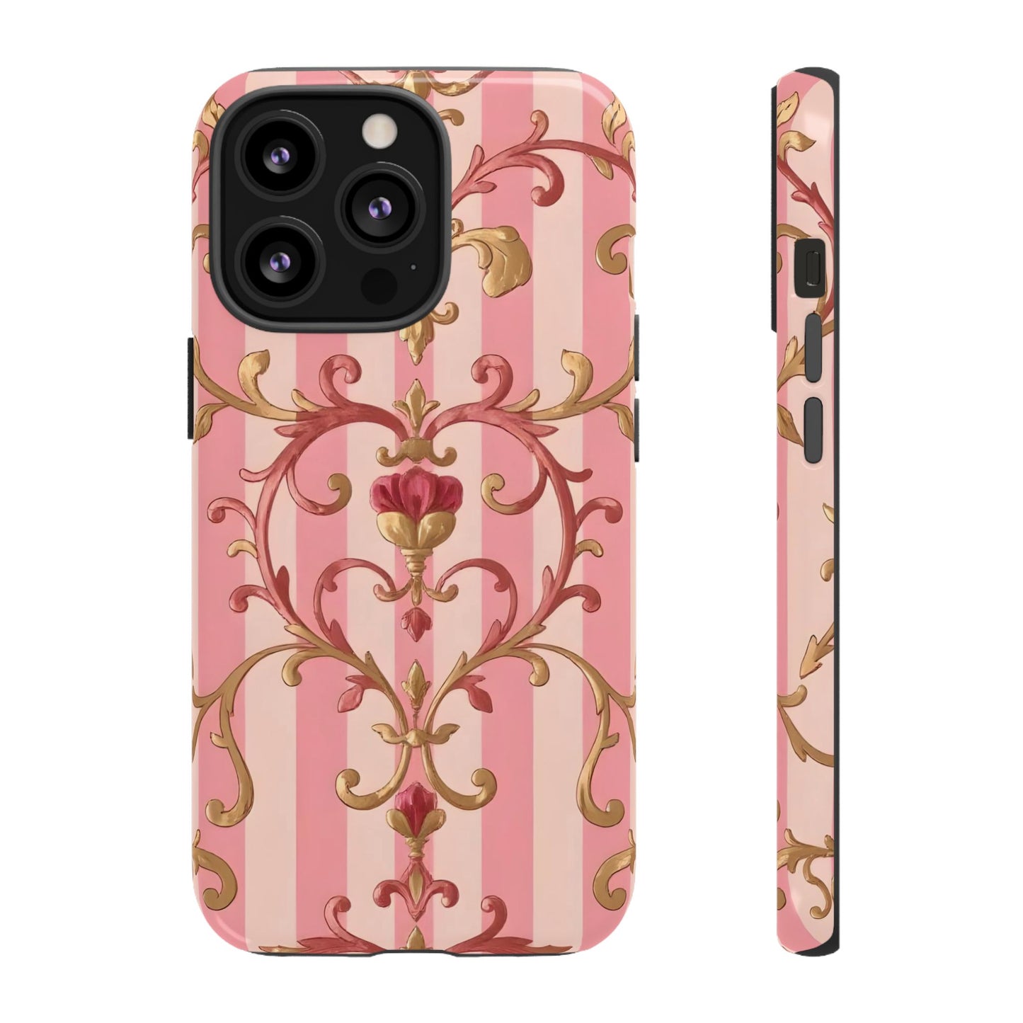 Elegant Floral Motif Phone Case - Tough Cases with Vintage Design - Pink Striped Rose Gold Damask